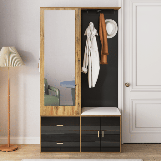 Móvel de entrada de painel de partículas com sapateira e espelho,natural+preto
