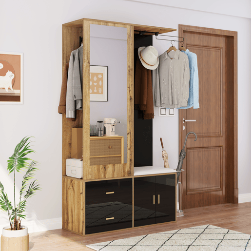 Móvel de entrada de painel de partículas com sapateira e espelho,natural+preto