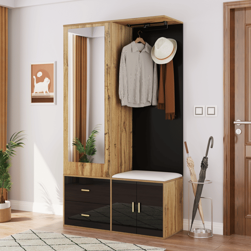 Móvel de entrada de painel de partículas com sapateira e espelho,natural+preto