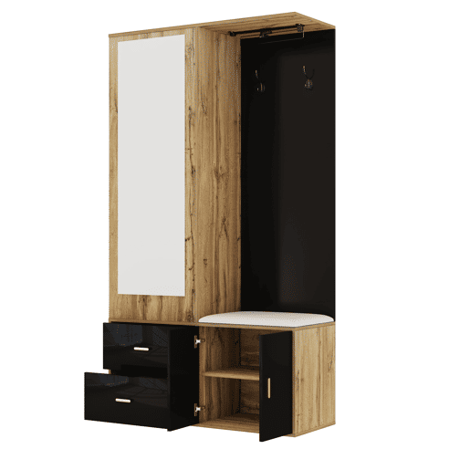 Móvel de entrada de painel de partículas com sapateira e espelho,natural+preto