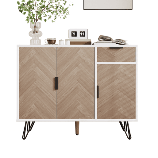 Aparador de mdf e painel de partículas com 3 portas e 1 gaveta,branco+natural
