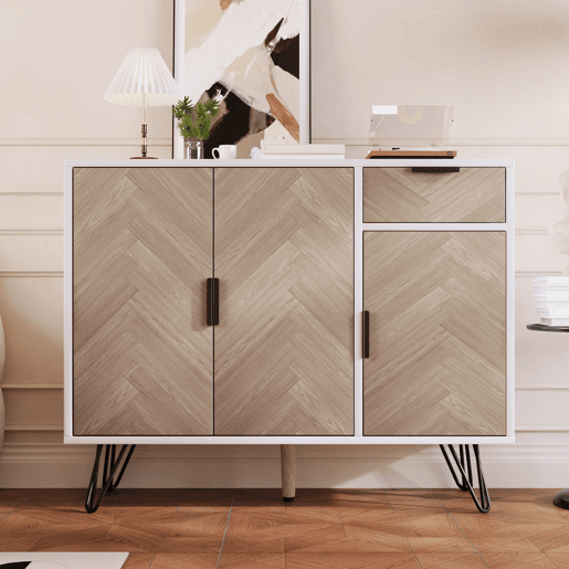 Aparador de mdf e painel de partículas com 3 portas e 1 gaveta,branco+natural