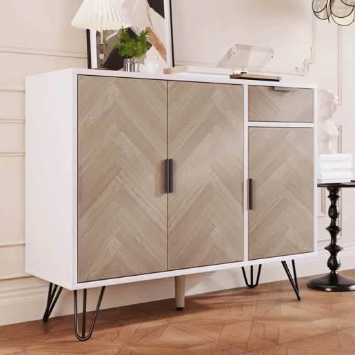 Aparador de mdf e painel de partículas com 3 portas e 1 gaveta,branco+natural