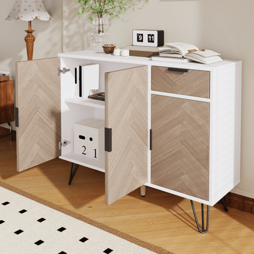 Aparador de mdf e painel de partículas com 3 portas e 1 gaveta,branco+natural