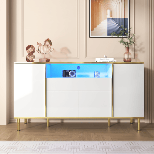 Aparador de mdf e painel de partículas com 4 portas,1 gaveta e luz led,branco