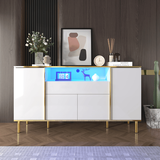 Aparador de mdf e painel de partículas com 4 portas,1 gaveta e luz led,branco