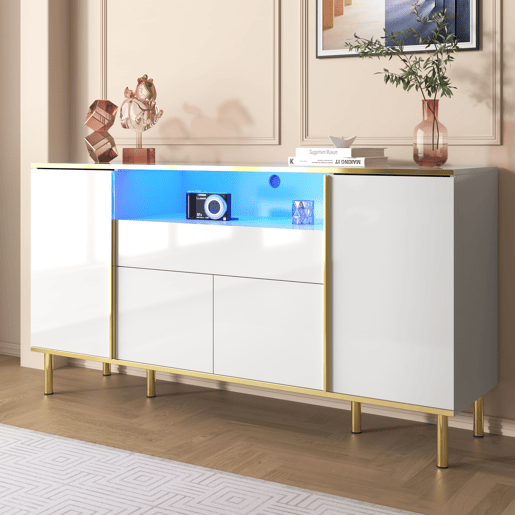 Aparador de mdf e painel de partículas com 4 portas,1 gaveta e luz led,branco