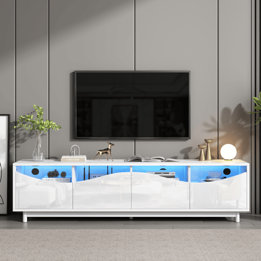 Móvel de TV 175x38x51 cm - Design curvo, porta em vidro temperado, iluminação LED, para sala e quarto - Branco Móvel de TV 175x38x51 cm - Design curvo, porta em vidro temperado, iluminação LED, para sala e quarto - Branco