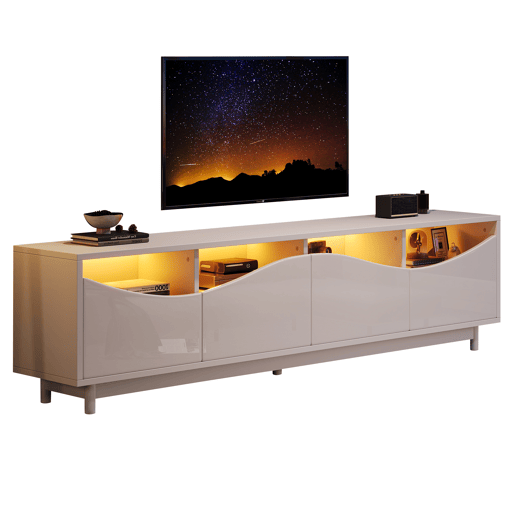 Móvel de TV 175x38x51 cm - Design curvo, porta em vidro temperado, iluminação LED, para sala e quarto - Branco Móvel de TV 175x38x51 cm - Design curvo, porta em vidro temperado, iluminação LED, para sala e quarto - Branco