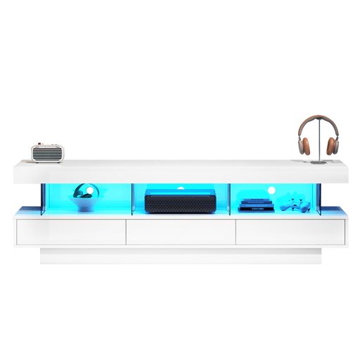Móvel para TV 160x38x50,5 cm - Com 3 prateleiras de vidro, iluminação LED, controlo por aplicação, ligação Bluetooth, para TV de 70 polegadas - Branco