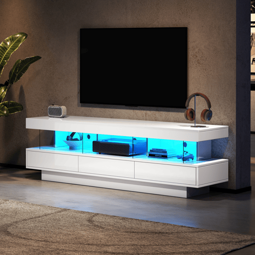 Móvel para TV 160x38x50,5 cm - Com 3 prateleiras de vidro, iluminação LED, controlo por aplicação, ligação Bluetooth, para TV de 70 polegadas - Branco
