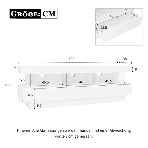 Móvel para TV 160x38x50,5 cm - Com 3 prateleiras de vidro, iluminação LED, controlo por aplicação, ligação Bluetooth, para TV de 70 polegadas - Branco