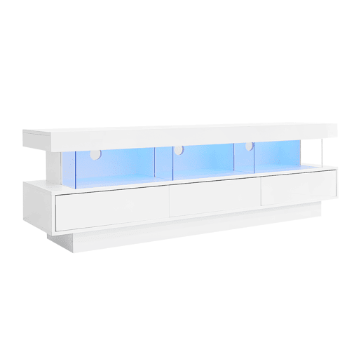 Móvel para TV 160x38x50,5 cm - Com 3 prateleiras de vidro, iluminação LED, controlo por aplicação, ligação Bluetooth, para TV de 70 polegadas - Branco