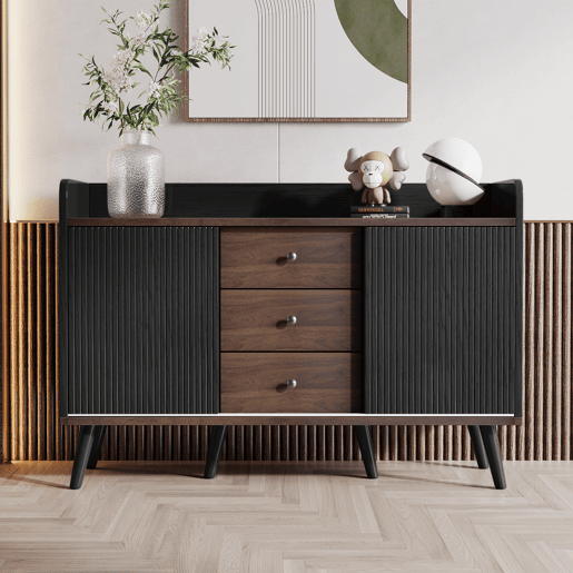 Aparador de painel de partículas com 2 portas e 3 gavetas,preto+natural
