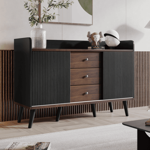 Aparador de painel de partículas com 2 portas e 3 gavetas,preto+natural