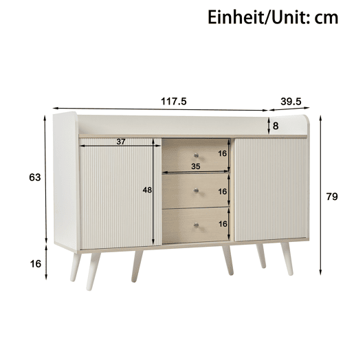 Aparador de mdf com 2 portas e 3 gavetas,branco+natural
