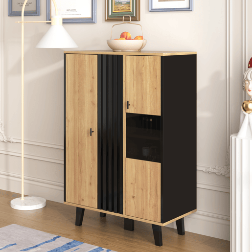 Aparador de painel de partículas com 2 portas e luz led,natural+preto