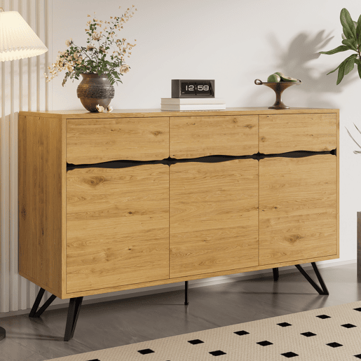 Aparador de painel de partículas com 3 portas,natural Aparador de painel de partículas com 3 portas,natural