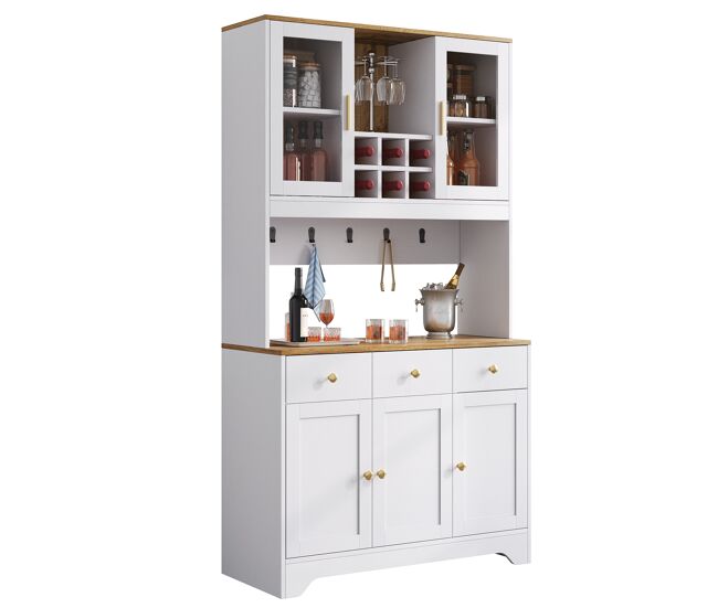Armario de cocina de mdf con 5 puertas y 3 cajones,blanco+natural