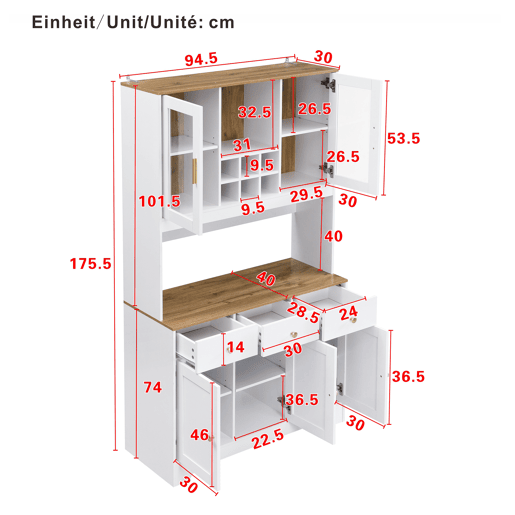 Armário de cozinha de mdf com 5 portas e 3 gavetas,branco+natural