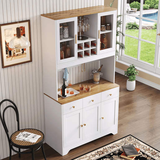 Armário de cozinha de mdf com 5 portas e 3 gavetas,branco+natural