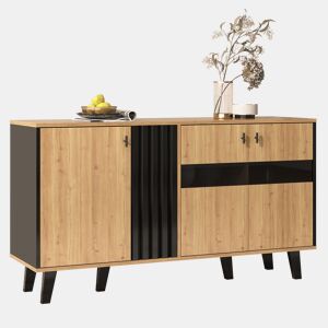 Aparador de painel de partículas com 3 portas e luz led,natural+preto