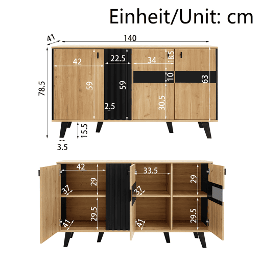 Aparador de painel de partículas com 3 portas e luz led,natural+preto