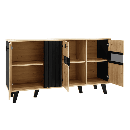 Aparador de painel de partículas com 3 portas e luz led,natural+preto