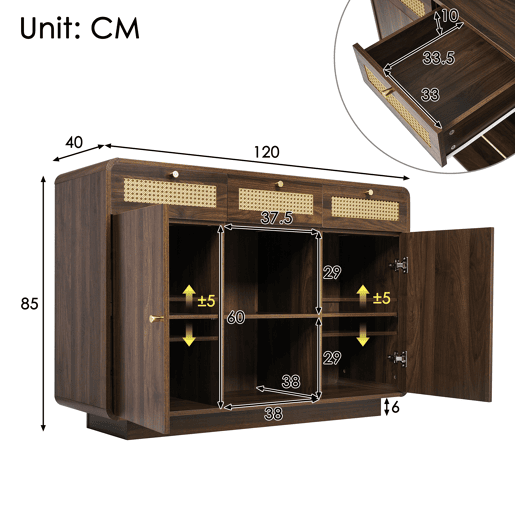 Aparador de mdf e painel de partÃculas com 2 portas e 3 gavetas,noz Aparador de mdf e painel de partÃculas com 2 portas e 3 gavetas,noz