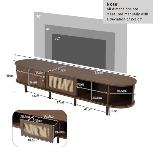 Móvel de TV ovalado 180 cm - Design em rattan, MDF, pés ajustáveis, capacidade para 30 kg - Nogueira escura