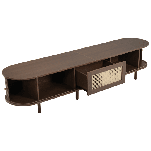 Móvel de TV ovalado 180 cm - Design em rattan, MDF, pés ajustáveis, capacidade para 30 kg - Nogueira escura