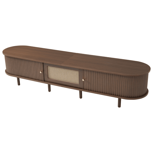 Móvel de TV ovalado 180 cm - Design em rattan, MDF, pés ajustáveis, capacidade para 30 kg - Nogueira escura