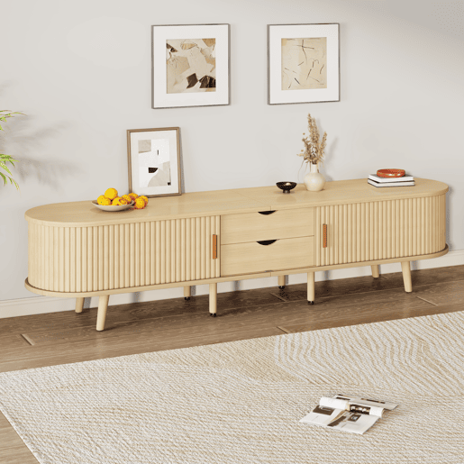 Móvel de TV 175x40x42 cm - Com arrumação, 2 gavetas, superfície redonda, madeira MDF - Cor madeira