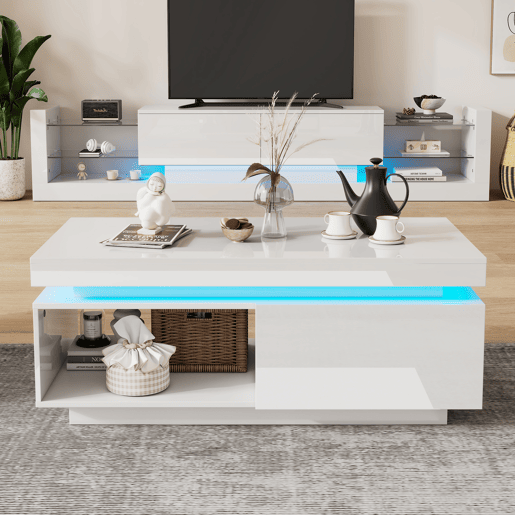 Conjunto de móveis para TV com alto brilho - Móvel para TV + mesa de sala, conjunto para parede da sala, móvel para TV com alto brilho, branco Conjunto de móveis para TV com alto brilho - Móvel para TV + mesa de sala, conjunto para parede da sala, móvel para TV com alto brilho, branco