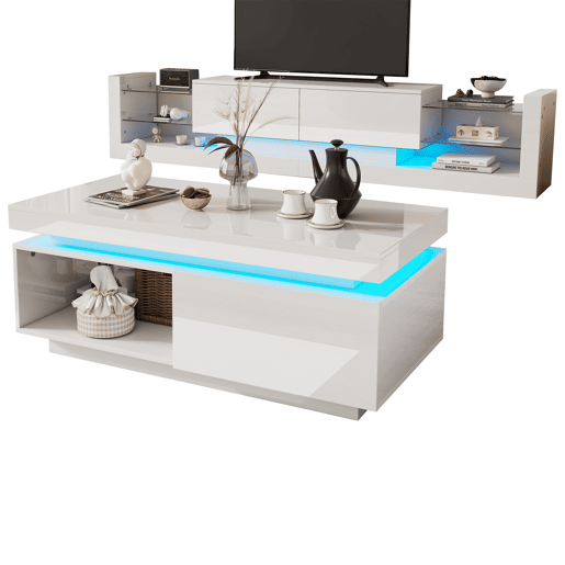 Conjunto de móveis para TV com alto brilho - Móvel para TV + mesa de sala, conjunto para parede da sala, móvel para TV com alto brilho, branco Conjunto de móveis para TV com alto brilho - Móvel para TV + mesa de sala, conjunto para parede da sala, móvel para TV com alto brilho, branco