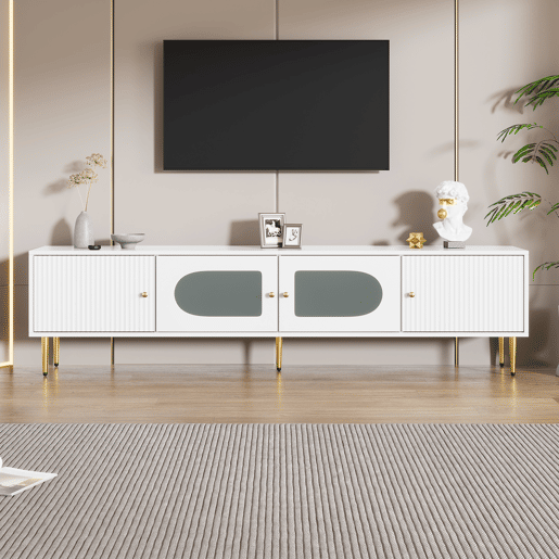 Móvel de TV 170 cm - Corpo branco com pés e puxadores dourados, 2 portas com ranhuras verticais e 2 com vidro curvo - Branco
