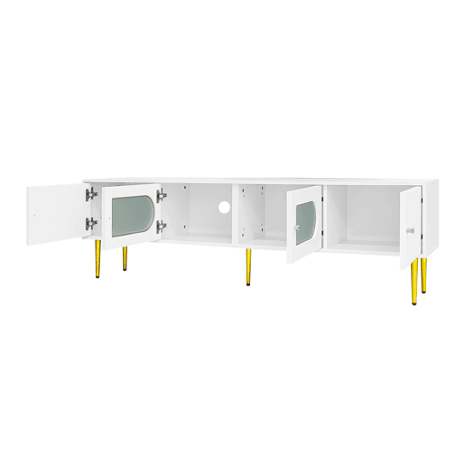 Móvel de TV 170 cm - Corpo branco com pés e puxadores dourados, 2 portas com ranhuras verticais e 2 com vidro curvo - Branco