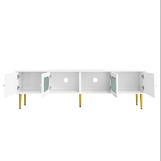 Móvel de TV 170 cm - Corpo branco com pés e puxadores dourados, 2 portas com ranhuras verticais e 2 com vidro curvo - Branco