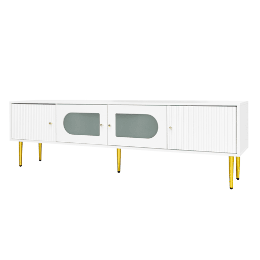 Móvel de TV 170 cm - Corpo branco com pés e puxadores dourados, 2 portas com ranhuras verticais e 2 com vidro curvo - Branco