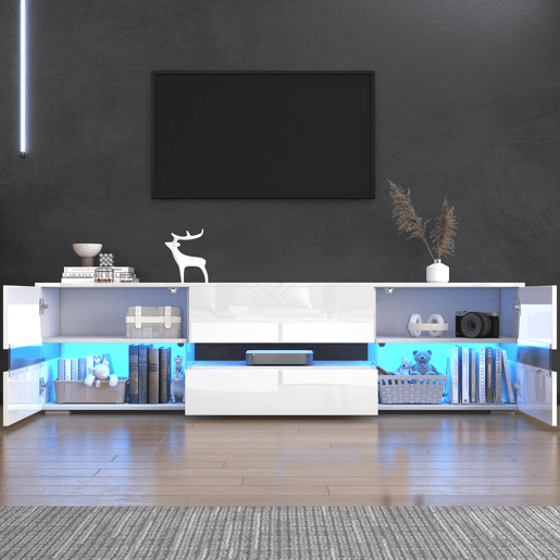 Móvel de TV moderno 160x39x45 cm - Com iluminação LED, 2 portas, 1 gaveta, prateleira aberta, adequado para TV de 70 polegadas - Branco