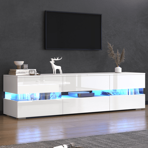 Móvel de TV moderno 160x39x45 cm - Com iluminação LED, 2 portas, 1 gaveta, prateleira aberta, adequado para TV de 70 polegadas - Branco