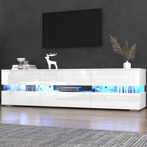 Móvel de TV moderno 160x39x45 cm - Com iluminação LED, 2 portas, 1 gaveta, prateleira aberta, adequado para TV de 70 polegadas - Branco