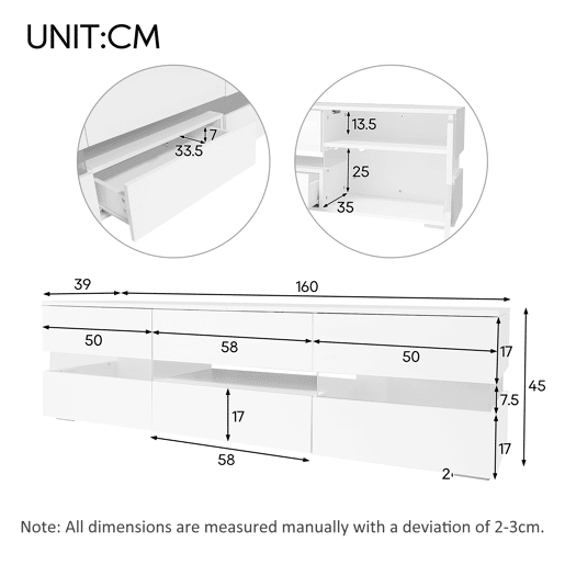 Móvel de TV moderno 160x39x45 cm - Com iluminação LED, 2 portas, 1 gaveta, prateleira aberta, adequado para TV de 70 polegadas - Branco