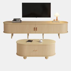 Móvel de TV + Mesa de centro - Combinação ovalada com arrumação - Cor madeira natural