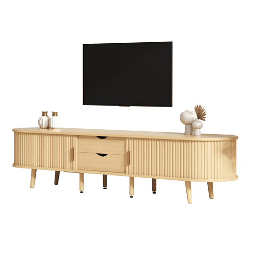 Móvel de TV + Mesa de centro - Combinação ovalada com arrumação - Cor madeira natural