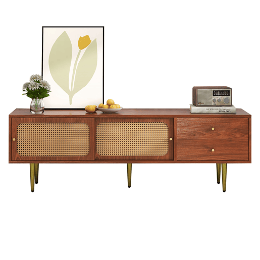 Móvel de TV 160x40x60 cm - Estilo moderno com portas de correr em rattan e gavetas - Nogueira e rattan escuro Móvel de TV 160x40x60 cm - Estilo moderno com portas de correr em rattan e gavetas - Nogueira e rattan escuro