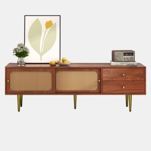 Móvel de TV 160x40x60 cm - Estilo moderno com portas de correr em rattan e gavetas - Nogueira e rattan escuro
