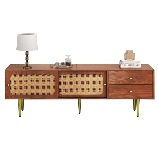 Móvel de TV 160x40x60 cm - Estilo moderno com portas de correr em rattan e gavetas - Nogueira e rattan escuro Móvel de TV 160x40x60 cm - Estilo moderno com portas de correr em rattan e gavetas - Nogueira e rattan escuro