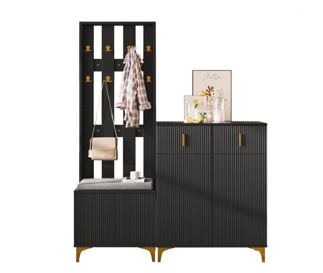 Mueble recibidor de panel de partículas con zapatero,negro