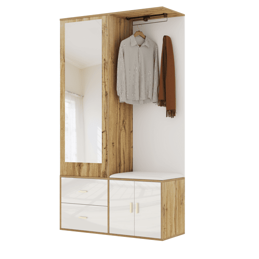 Móvel de entrada de painel de partículas com sapateira e espelho,natural+branco